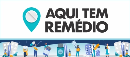 A arte tem o título "Aqui tem remédio" na parte de cima e embaixo pessoas segurando cartelas de remédios. 